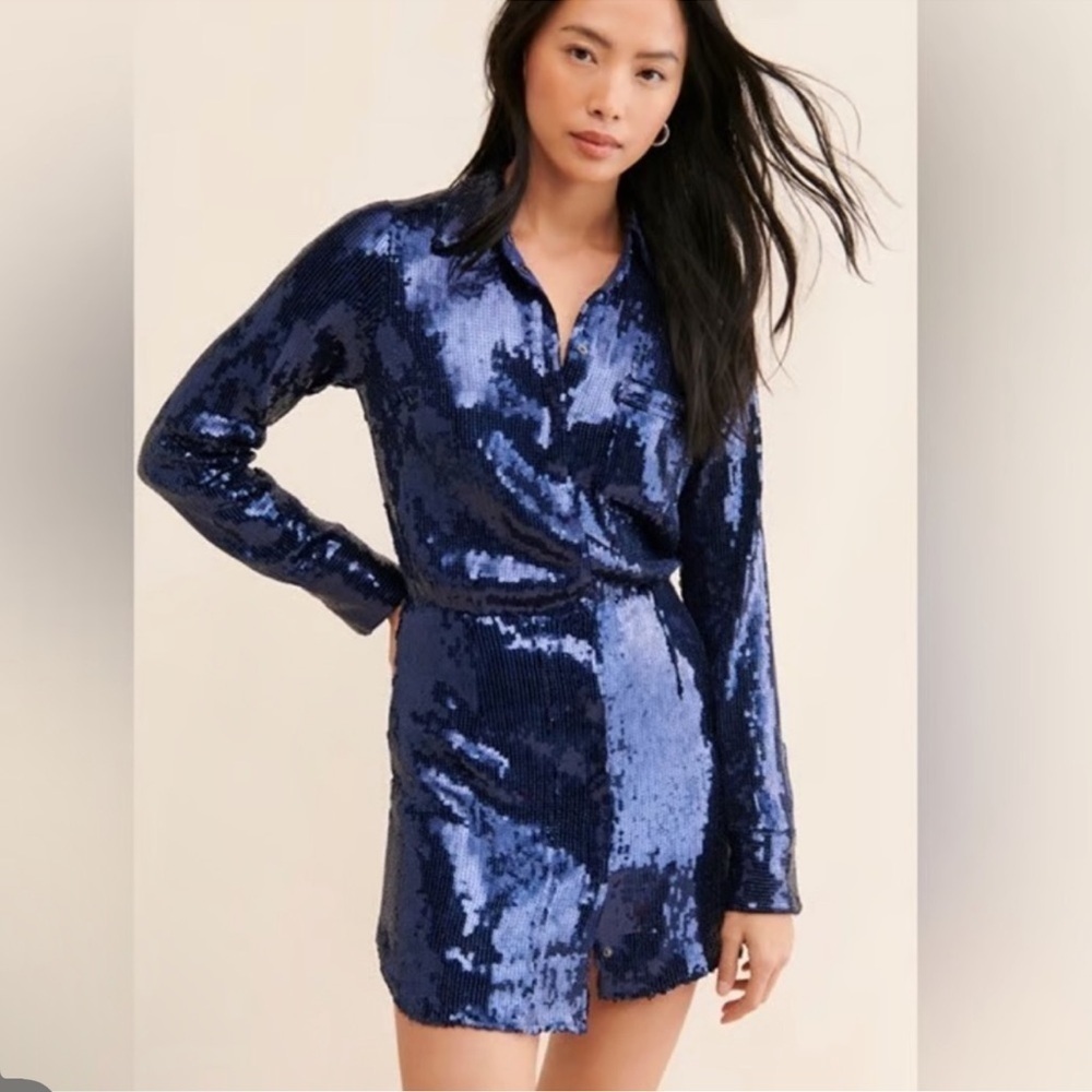 Free People Sophie Navy Sequin Long Sleeve Shirt Dress Small